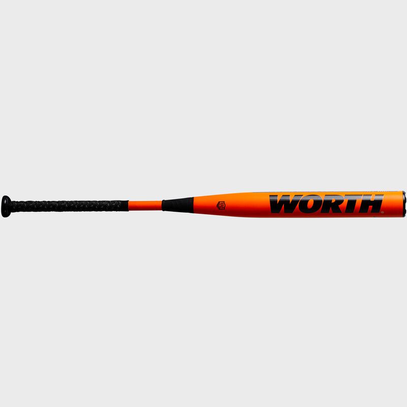 Black Worth logo on the orange barrel of a 2021 USA Mach balanced softball bat - SKU: WM21BA loading=